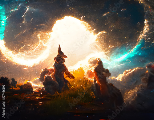 A 3d digital rendering of a cosmic landscape with clouds and nebulas.