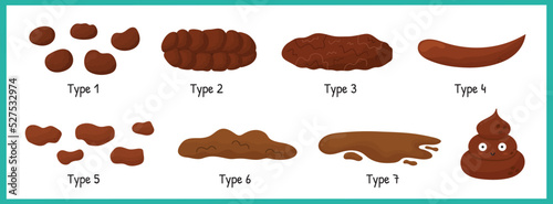 Bristol stool set with different types of poo. Human feces collection from constipation to diarrhea. Vector illustration