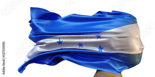 Nationalflagge von Honduras weht über dem Gesicht einer Frau (Frauenrechte, Gleichberechtigung, Menschenrechte, Suverenität)
