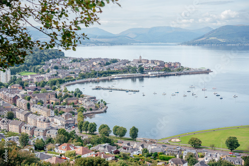 A view of Gourock and Gourock Bay on the Firth of Clyde, seen from the viewpoint on Lyle Hill, Greenock, Inverclyde, Scotland.