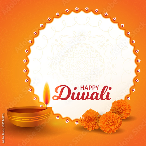 Traditional Happy Diwali puja background design with Diya and marigold flowers. Realistic mandala poster Hindu festival vector illustration. Text message Space. Social media post, website, card invite