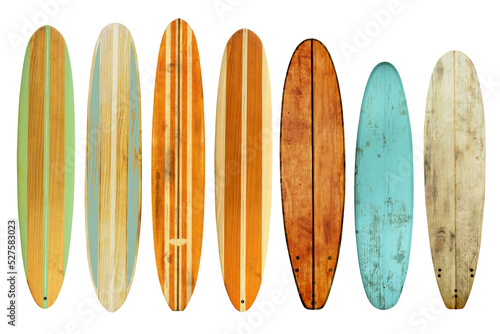 Collection of vintage wooden longboard surfboard isolated for object, retro styles.