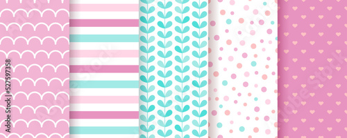 Scrapbook pattern. Seamless baby shower background. Set pink packing paper. Cute textures with polka dot, stripes, hearts, leaves, wave. Trendy pastel print for scrap design. Color vector illustration