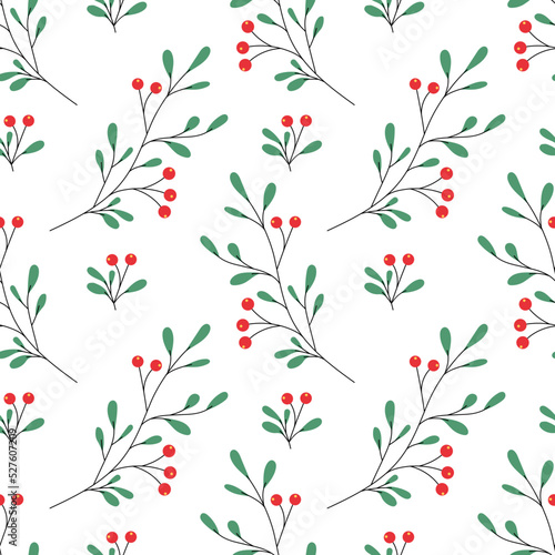 Red Berry Christmas Seamless Pattern on White Background. Vector Illustration.