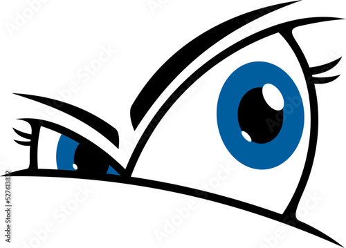 Face cartoon character, eye smile and comic emoji, vector icon. Cartoon angry or suspicious look eyes, facial expression and chat emoticon, googly big blue eyes