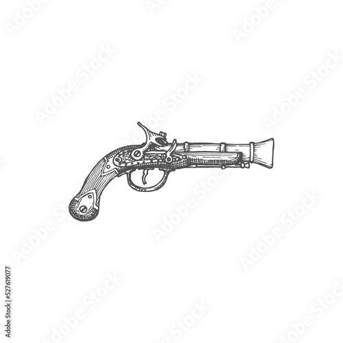 Flintlock pistol, pirate gun firelock musket isolated monochrome icon. Vector medieval gunpowder revolver sketch, retro marine armoury, steampunk pistol, old-fashioned gun fired by spark from flint