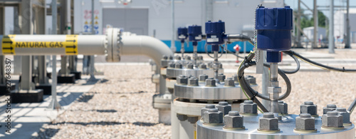 Row of sensors of electronic temperature sensors on gas pipeline equipment