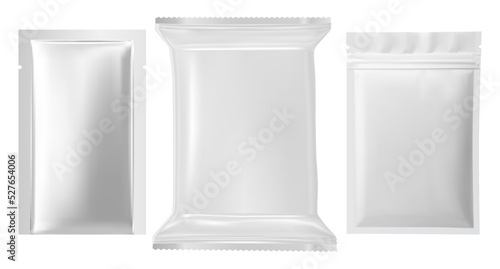 Foil pouch pack mockup. Foil sachet vector package blank. Wet sheet bag template, aluminum wrapper template realistic design. Chocolate or tea zipper envelope. Face mask sheet protecliton