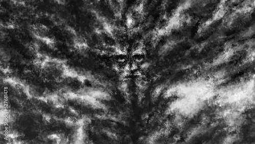 Scary smoking demon. Dark monster illustration. Horror fantasy genre. Gloomy nightmare character digital art. Spooky hell visions. Halloween ghost image. Coal and noise. Black and white background.