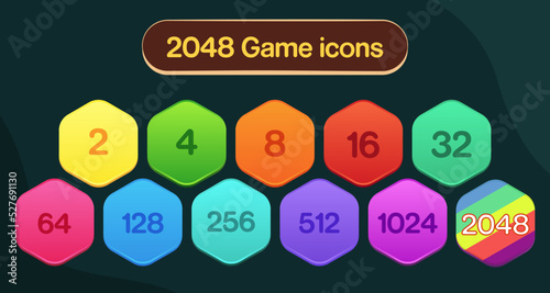 Mobile game icons set. GUI elements for mobile app, vector illustration in cartoon style, 2048 game, 2048 game icons