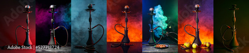 Collage with hookahs on dark color background