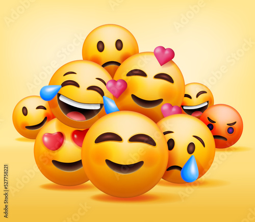 3D Set of Emoticons Isolated. Round Yellow Faces with Various Emotions and Expression. Tear Smile Sad Love Happy Unhappy Like Lol Angry Wink Laughter Emoji Character Collection. Vector Illustration