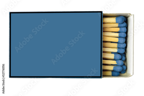 horizontal blue matchbox with matches on a white background