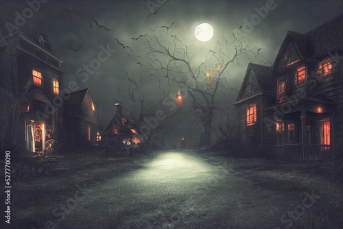 3D illustration of a Halloween concept background of realistic horror house and creepy street with moonlight.