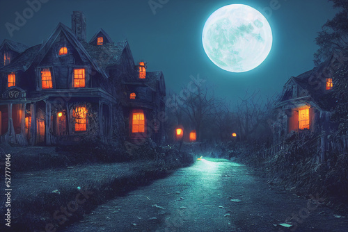 3D illustration of a Halloween concept background of realistic horror house and creepy street with moonlight.