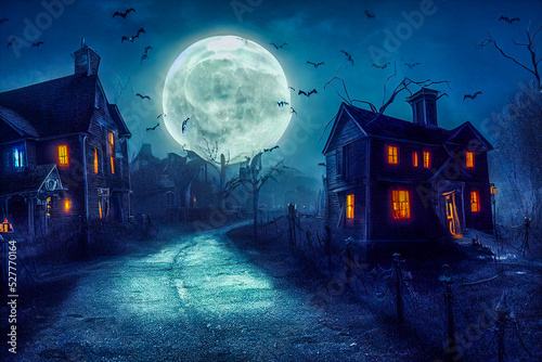 3D illustration of a Halloween concept background of realistic horror house and creepy street with moonlight.