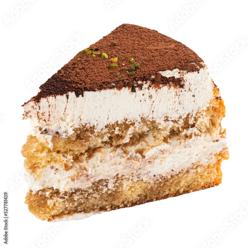 Cut out slice of fresh tiramisu cake 