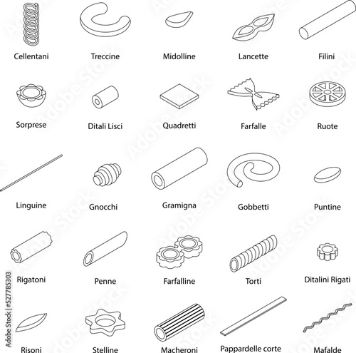Fusilli pasta icons set. Isometric set of fusilli pasta vector icons outline thin lne isolated on white