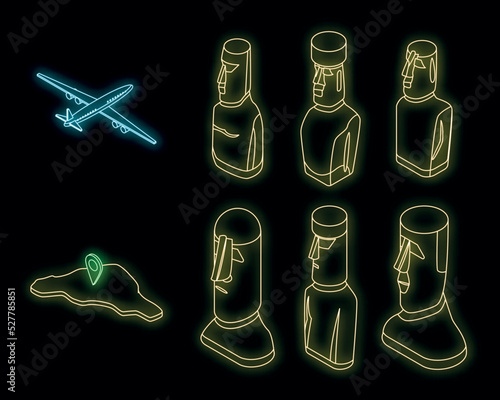 Easter Island icons set. Isometric set of Easter Island vector icons neon color on black
