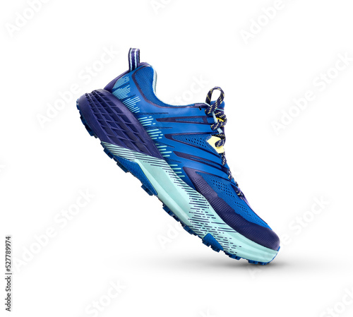 A side view of blue trainers, sneakers Isolated on a flat background.