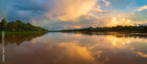 Amazonia - wall of green tropical forest of the Amazon jungle, green hell of the Amazonia. Selva on the border of Brazil and Peru. Yavari river in Javari Valley, (Valle del Yavarí) South America.