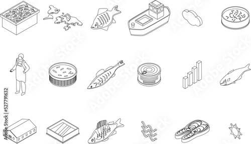 Fish farm icons set. Isometric set of fish farm vector icons outline thin lne isolated on white