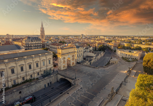 Aerial view of The Porte du Peyrou and Montpellier city at sunrise, France. The Porte du Peyrou is a triumphal arch in Montpellier, in southern France.