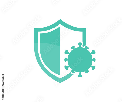 Virus and shield, antibacterial protection, antiviral drug logo design. Antibacterial protection icon, shield and virus vector design and illustration. 