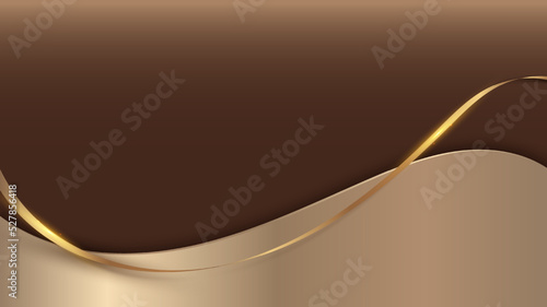 Abstract 3D modern luxury banner design template golden wave paper cut with gold ribbon lines on brown background