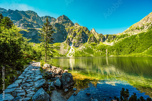 Tatra National Park in Poland. Famous mountains lake Morskie oko or sea eye lake In High Tatras. Five lakes valley