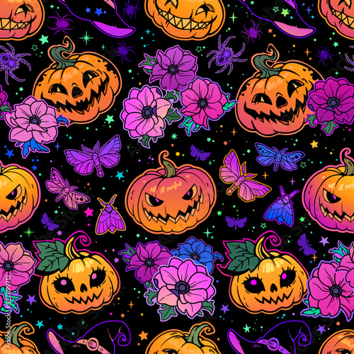 Bright illustration from different Halloween elements. Seamless pattern