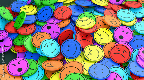 Many round and colored faces with different emotions lie on top of each other - 3d illustration