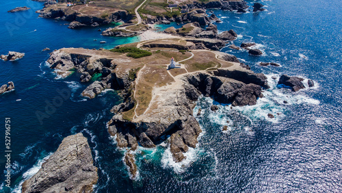 Aerial view of the Pointe des Poulains, the western tip of Belle-île-en-Mer, the largest island of Brittany in Morbihan, France - Wild rocky coast in the Atlantic Ocean