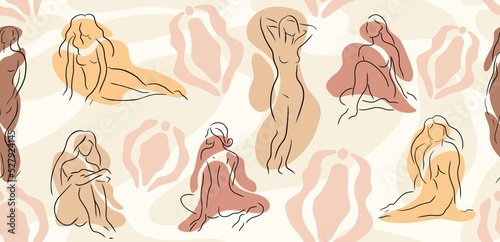 Hand drawn seamless pattern with women's silhouettes and vulvas. Body positive concept. Abstract tender illustration.