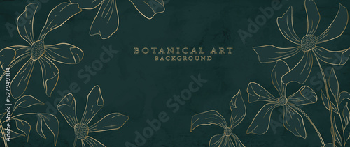 Abstract green art background with autumn flowers in gold line art style. Hand drawn botanical banner for packaging design, wallpaper, decor, print, interior design, textile.