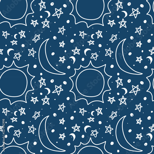 Seamless pattern with sun, moon and stars. Repeat pattern for printing on fabric. Style your pillowcases and bedding.