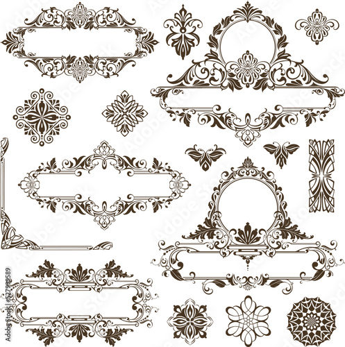Vintage design lace borders monogram logo and corners Vector set art deco floral ornaments elements