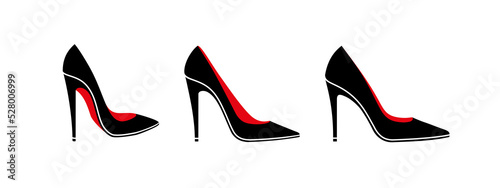Set of icons women's shoes with high heels. Female symbol shoes with a heel. Isolated raster illustration on a white background.