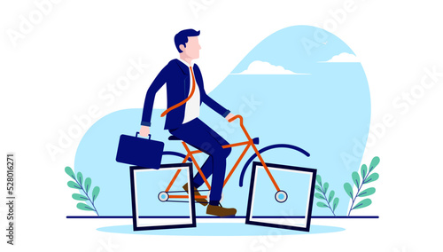 Ineffective business - Stupid businessman biking on slow inefficient bike, not getting anywhere. Flat design vector illustration with white background