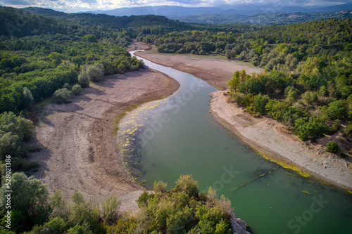 The lake of Saint Cassien in drought close to Montauroux from the sky