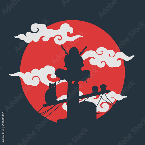 silhouette Japanese ninja cat illustration vector
