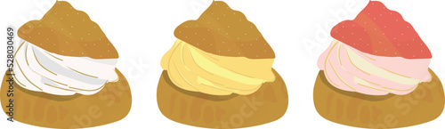 Cream puff, shu cake, a small hollow pastry typically filled with cream, hollow pastry, choux a la creme vintage illustration, scone