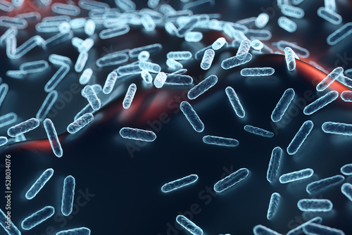 Enterobacteriaceae, gram-negative rod-shaped bacteria, part of intestinal microbiome and causative agents of different infections, 3D rendering. Escherichia coli, Klebsiella, Enterobacter and other