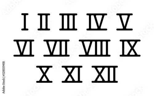 Roman numerals icon set. Roman ancient number font 1 to 12 vector illustration.