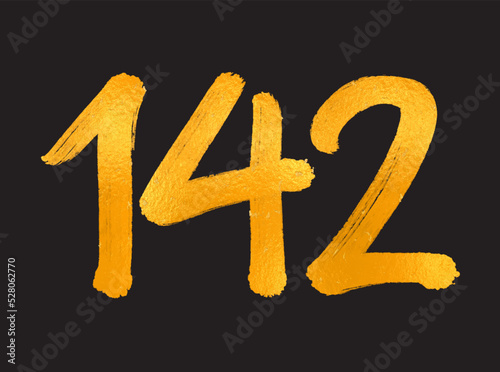 142 Number logo vector illustration, 142 Years Anniversary Celebration Vector Template, 142th birthday, Gold Lettering Numbers brush drawing hand drawn sketch, number logo design for print, t shirt