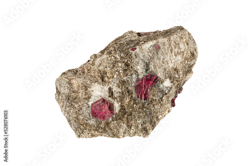 A sample of a natural mineral red Corundum (oxide class) crystalline α -aluminum oxide, crystals with albite rim in micite. Museum Mineral Series. Mineralogical sample on white