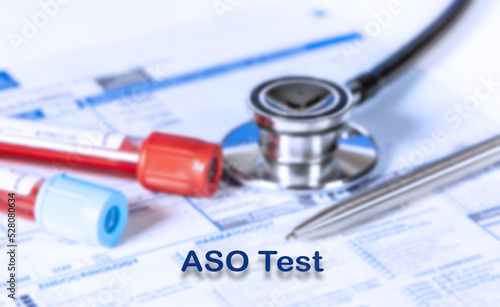 ASO Test Testing Medical Concept. Checkup list medical tests with text and stethoscope