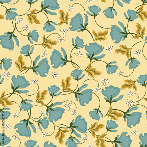 Abstract trendy seamless pattern with of tropical plants in warm earthy colors. Yellow, beige, light blue, green, mustard. Vector illustration. Modern textile, branding, packaging, wallpapers
