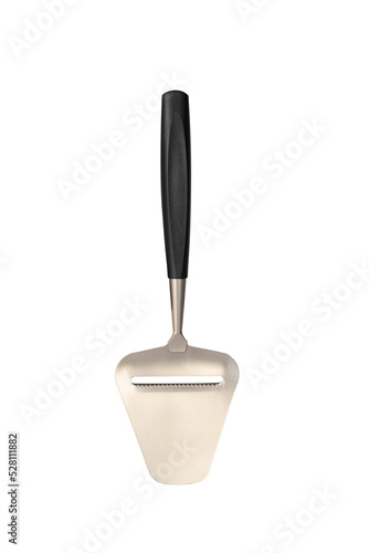 Cheese slicer - a knife for cutting cheese with a blade and a black handle is made of stainless steel on a white background. isolated.