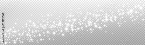 Silver glitter wide texture. Glowing trail with particles. White stars with silver shine. Luxury stardust wave. Starry background. Magic white decoration. Vector illustration